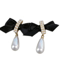 Elegant Black Bow & Crystal Pearl Drop Earrings – Romantic Gold-Tone Dangle Earrings for Women