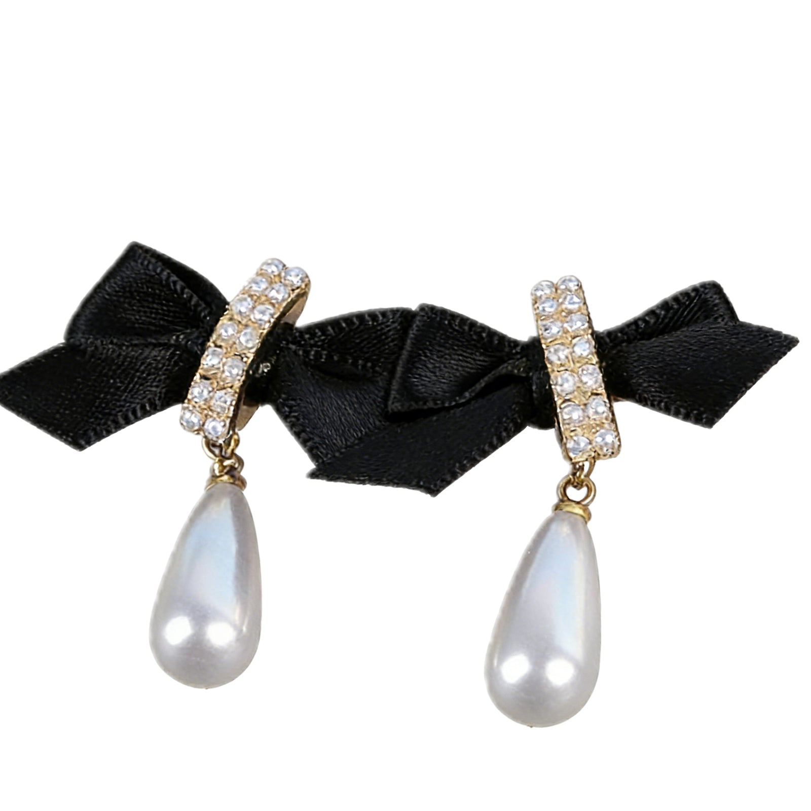 Elegant Black Bow & Crystal Pearl Drop Earrings – Romantic Gold-Tone Dangle Earrings for Women, image 1