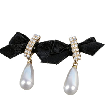 Elegant Black Bow & Crystal Pearl Drop Earrings – Romantic Gold-Tone Dangle Earrings for Women