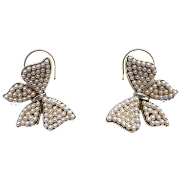 Baroque Pearl Bow Drop Earrings – Vintage-Inspired Gold-Tone Statement Dangles for Women