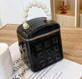 Glossy Black Studded Mini Box Bag with Pearl Handle | Chain Crossbody Purse