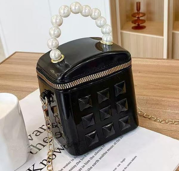Glossy Black Studded Mini Box Bag with Pearl Handle | Chain Crossbody Purse