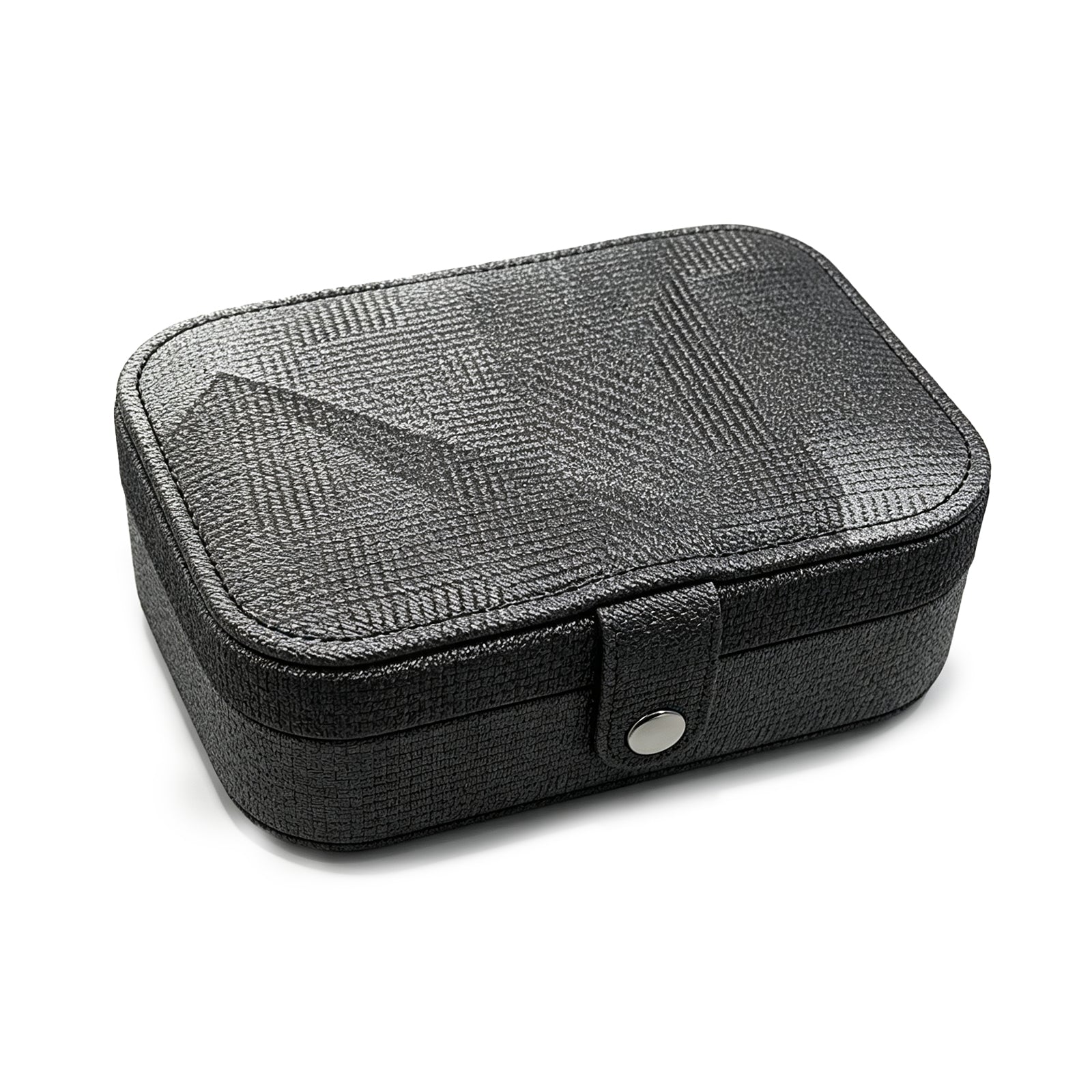 Modern Geometric Travel Jewelry Case – Portable Vegan Leather Organizer Box with Snap Button, Gradation Design for Necklaces, Rings & Watches (Ice Blue / Noir Black)