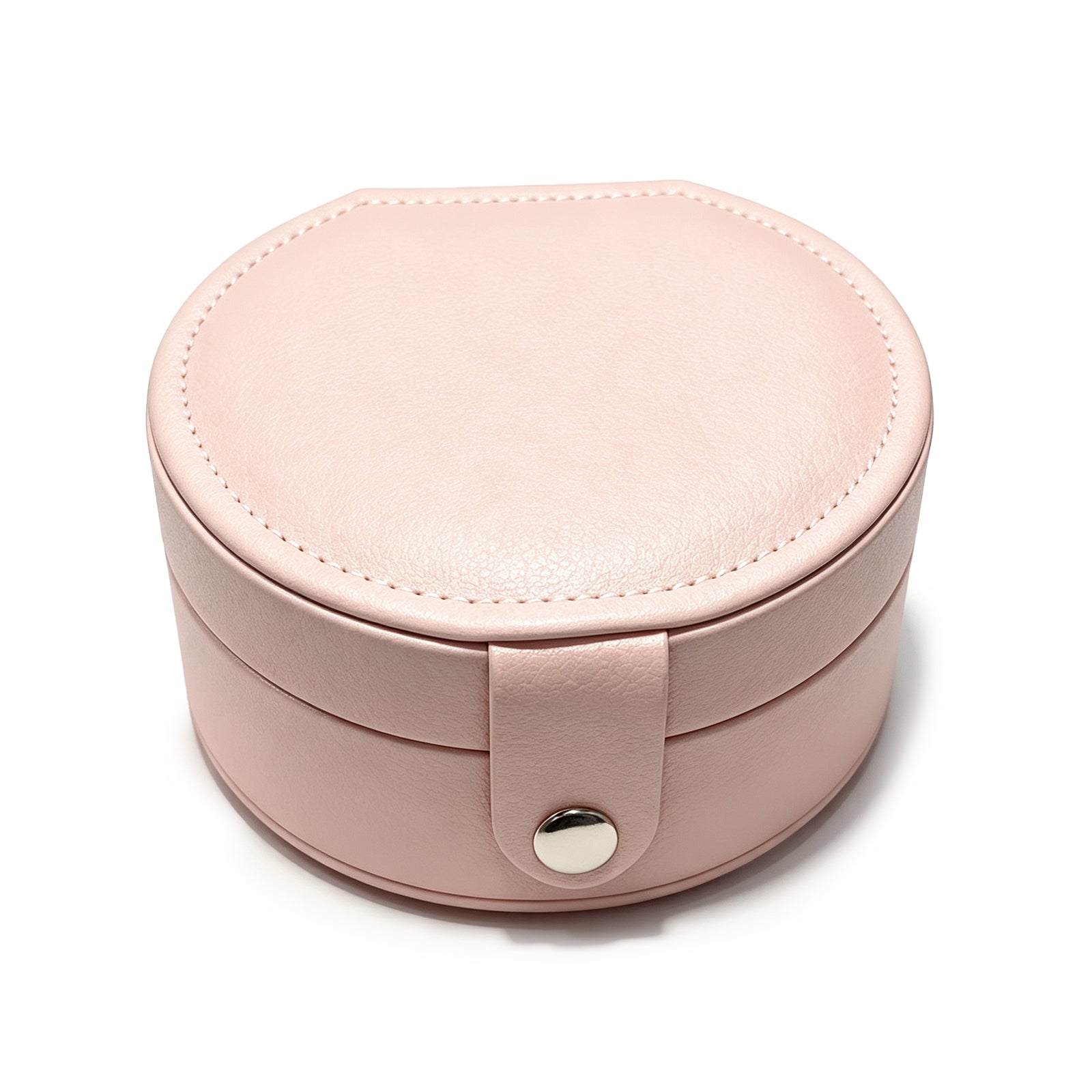 Round Portable Travel Jewelry Box – Premium Vegan Leather Earrings & Rings Organizer Case with Snap Clasp, Tangle-Free Storage for Necklaces (Cream White / Blush Pink)