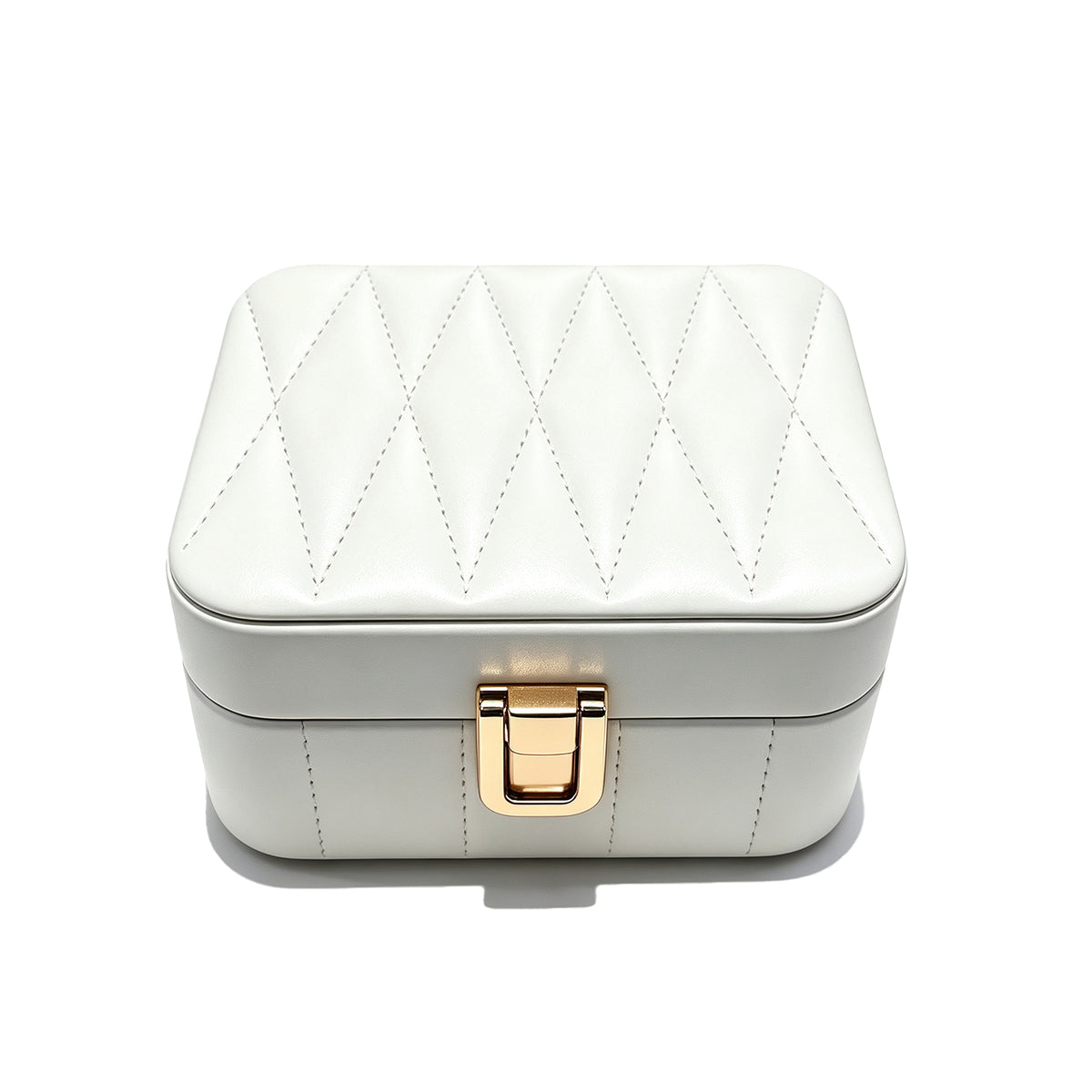 Quilted Square Travel Jewelry Box – Elegant Vegan Leather Organizer with Gold Clasp, Premium Storage Case for Rings, Necklaces & Watches (Cream White / Blush Pink)