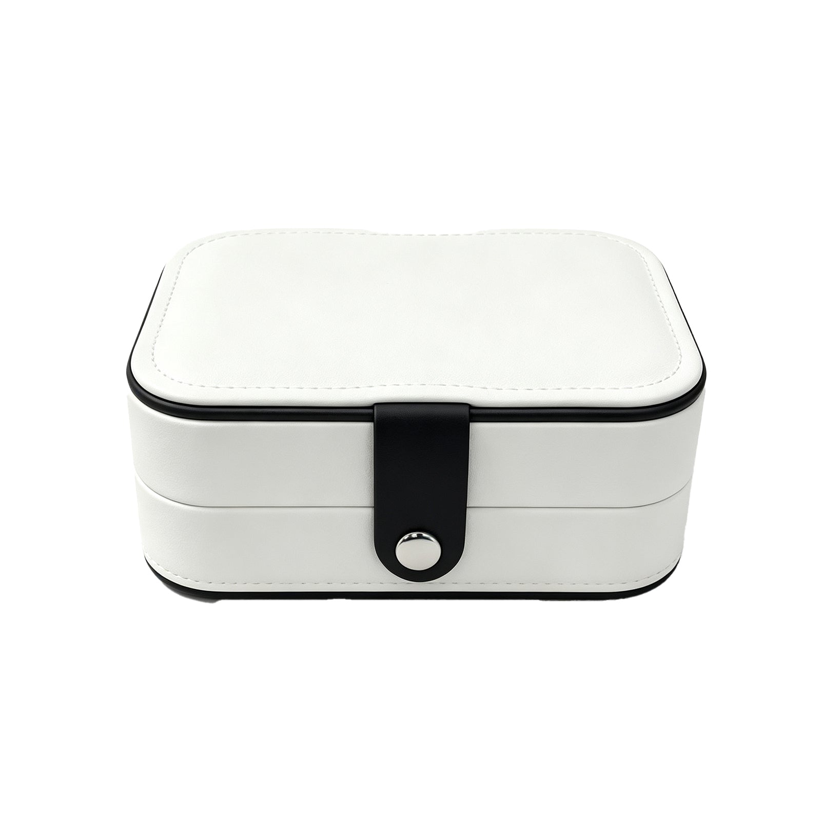 Modern Color-Block Rectangular Jewelry Box – Minimalist Travel Jewelry Organizer Case with Snap Strap for Necklaces, Rings & Watches (Noir Black / Crisp White)