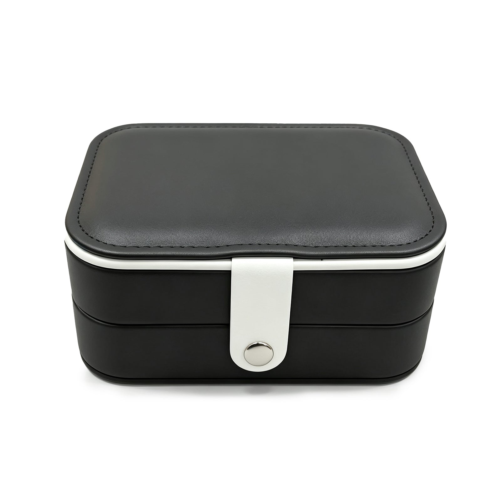 Modern Color-Block Rectangular Jewelry Box – Minimalist Travel Jewelry Organizer Case with Snap Strap for Necklaces, Rings & Watches (Noir Black / Crisp White)