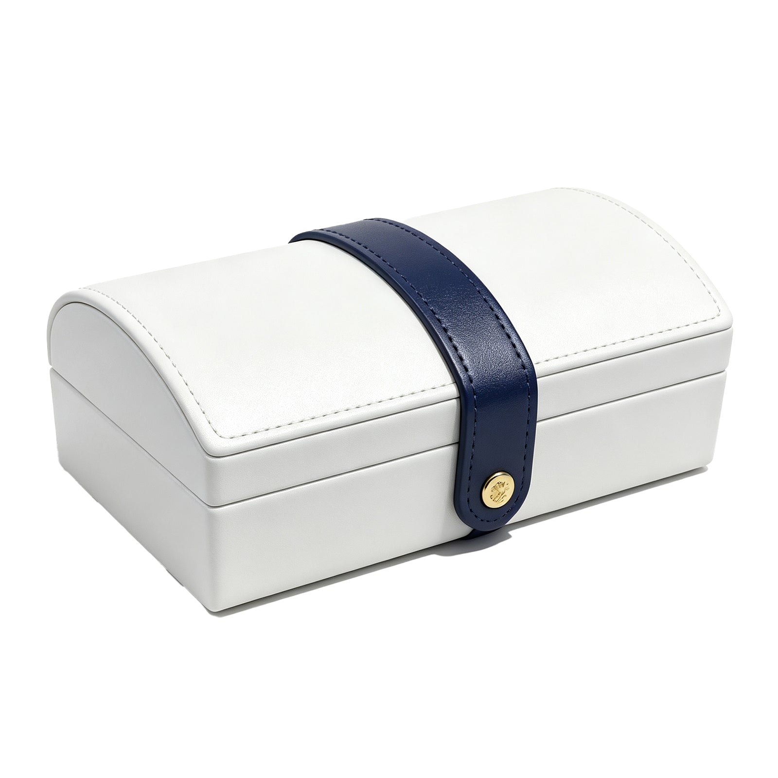Rectangular Travel Jewelry Box – Minimalist White Vegan Leather Organizer with Navy Blue Strap & Gold Magnetic Snap, Scratch-Resistant Storage for Necklaces, Watches, Earrings