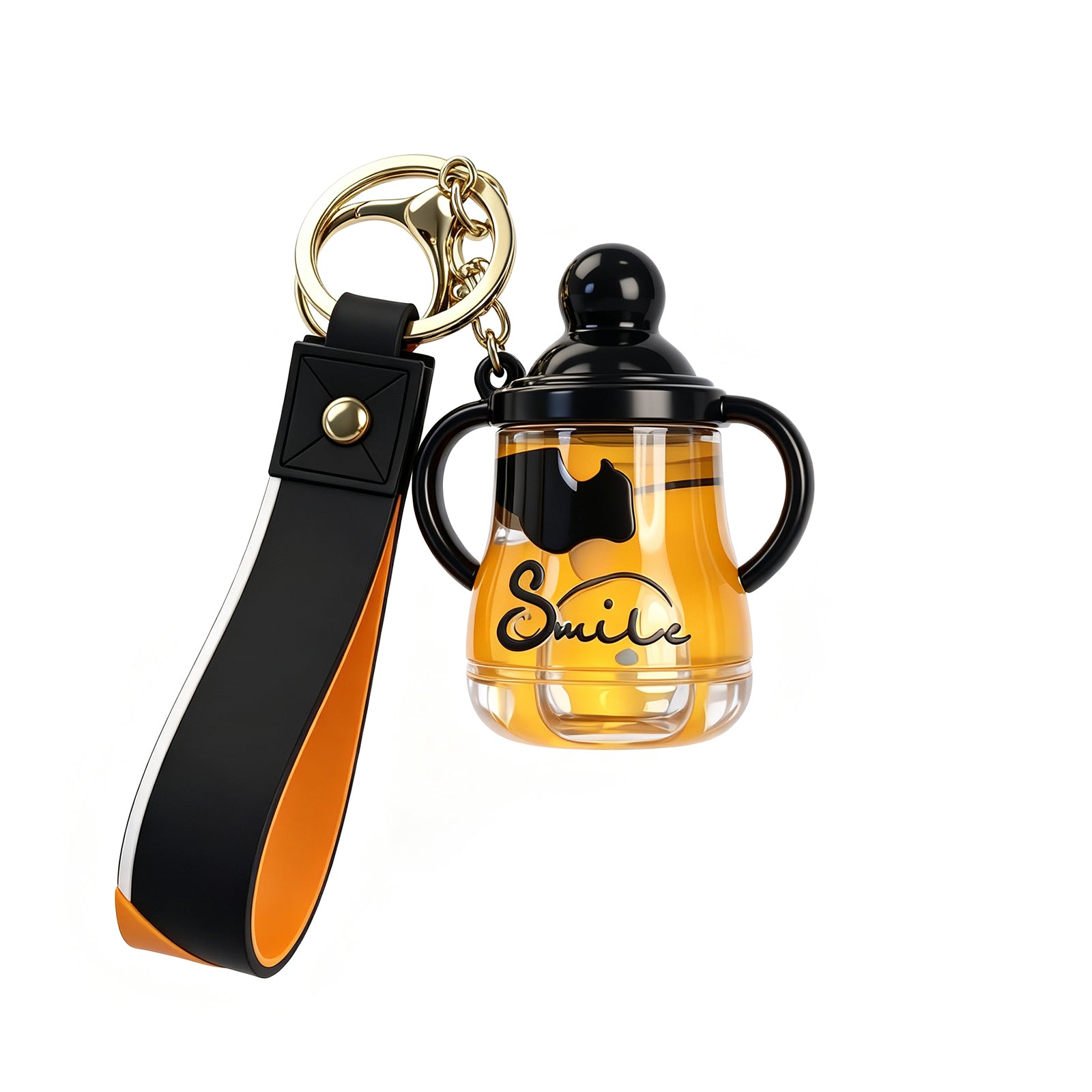 Cute Sippy Cup Keychain with Floating Rabbit & Liquid Motion – “Smile” Themed Transparent Tumbler Keyring with Leather Strap, Fun Gift for Kids, Teens & Animal Lovers (Yellow / Blue)