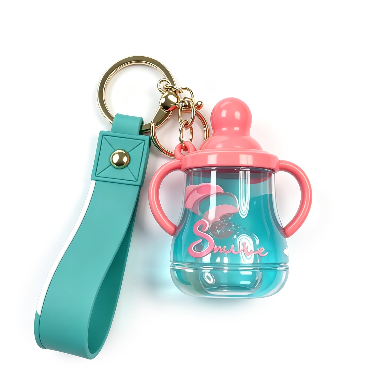 Cute Sippy Cup Keychain with Floating Rabbit & Liquid Motion – “Smile” Themed Transparent Tumbler Keyring with Leather Strap, Fun Gift for Kids, Teens & Animal Lovers (Yellow / Blue)