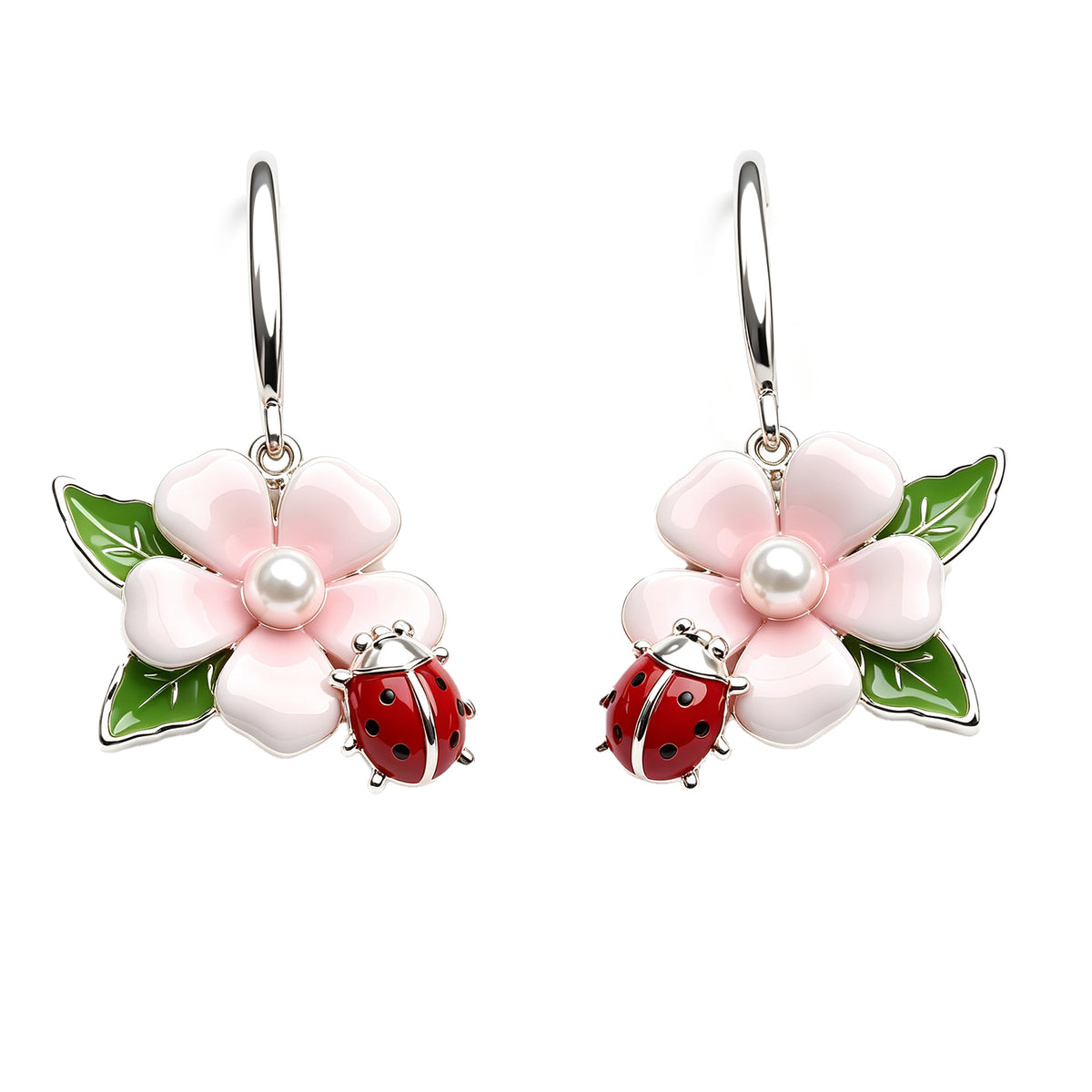 Whimsical Pink Flower & Ladybug Drop Earrings - Cute Enamel Pearl Dangle Earrings for Women