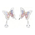 Iridescent Glitter Butterfly Drop Earrings - Silver Needle Dangling Earrings with Teardrop Crystal for Women