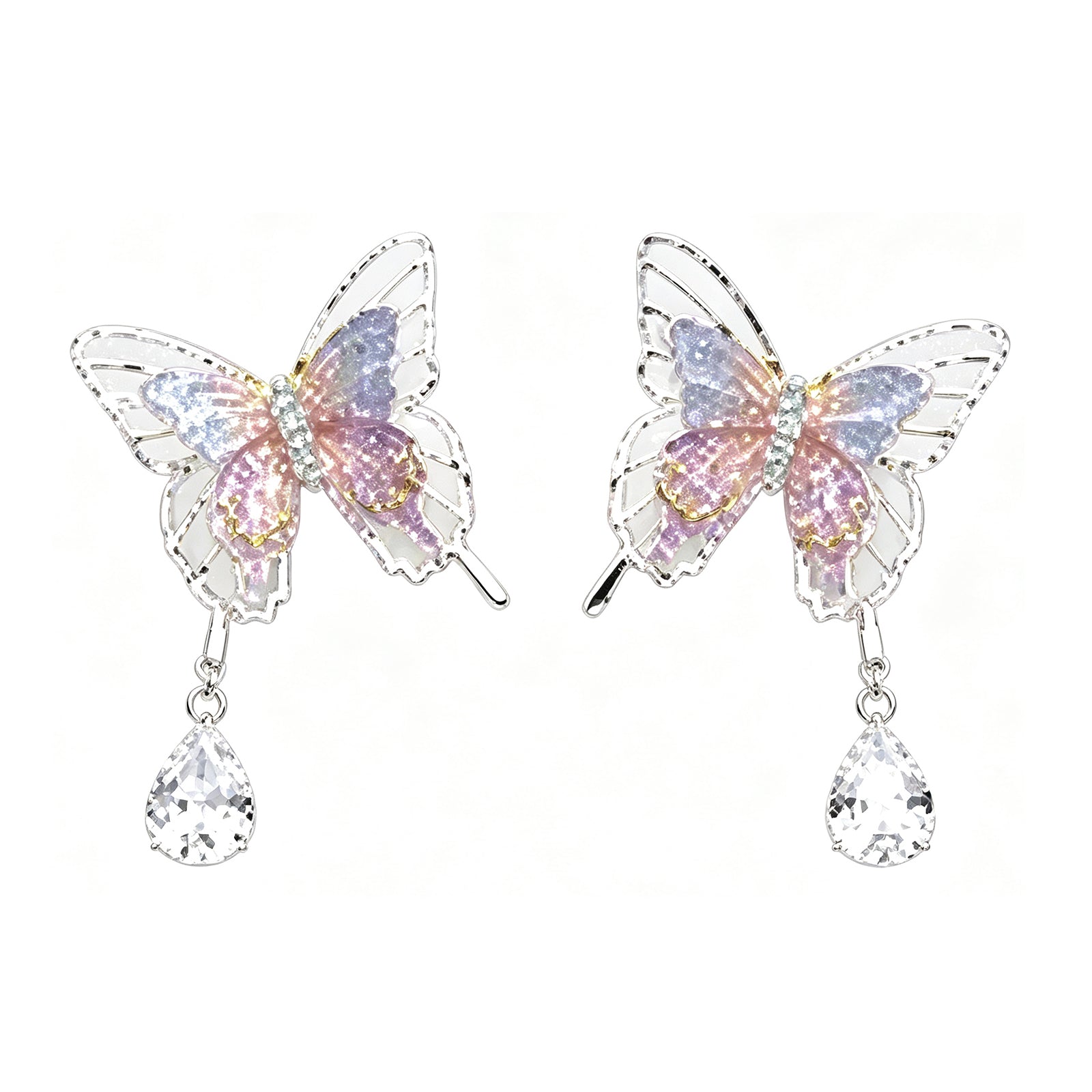 Iridescent Glitter Butterfly Drop Earrings - Silver Needle Dangling Earrings with Teardrop Crystal for Women