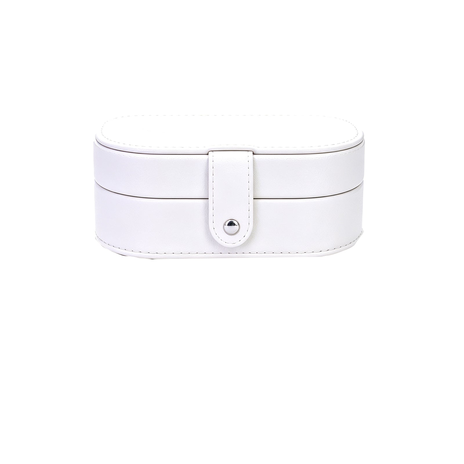 Oval Travel Jewelry Box – Minimalist Vegan Leather Jewelry Organizer with Snap Clasp, Soft-Touch Portable Case for Rings, Earrings & Necklaces (Cream White / Blush Pink)