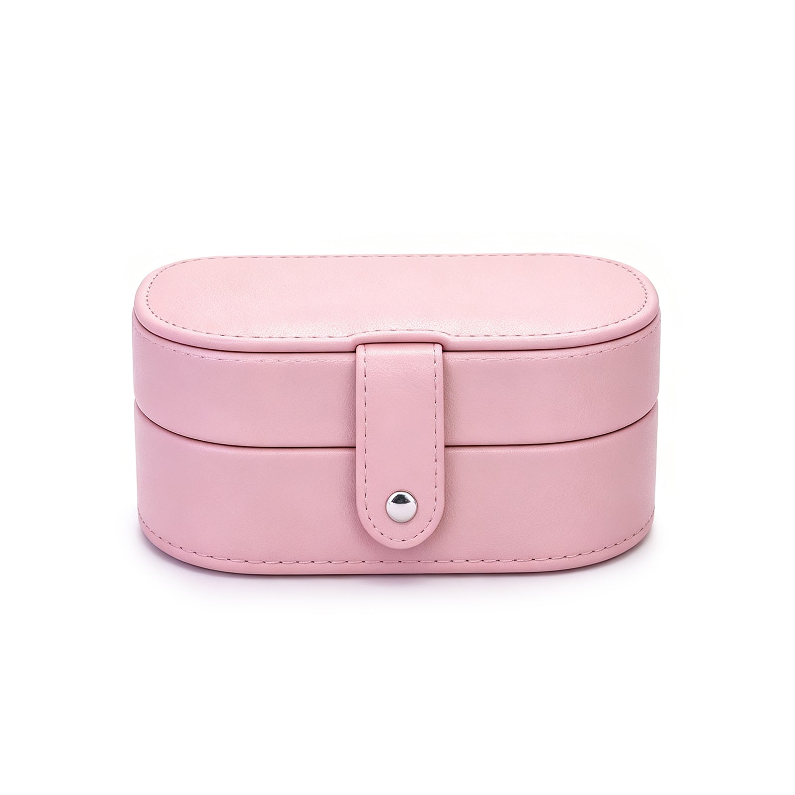 Oval Travel Jewelry Box – Minimalist Vegan Leather Jewelry Organizer with Snap Clasp, Soft-Touch Portable Case for Rings, Earrings & Necklaces (Cream White / Blush Pink)
