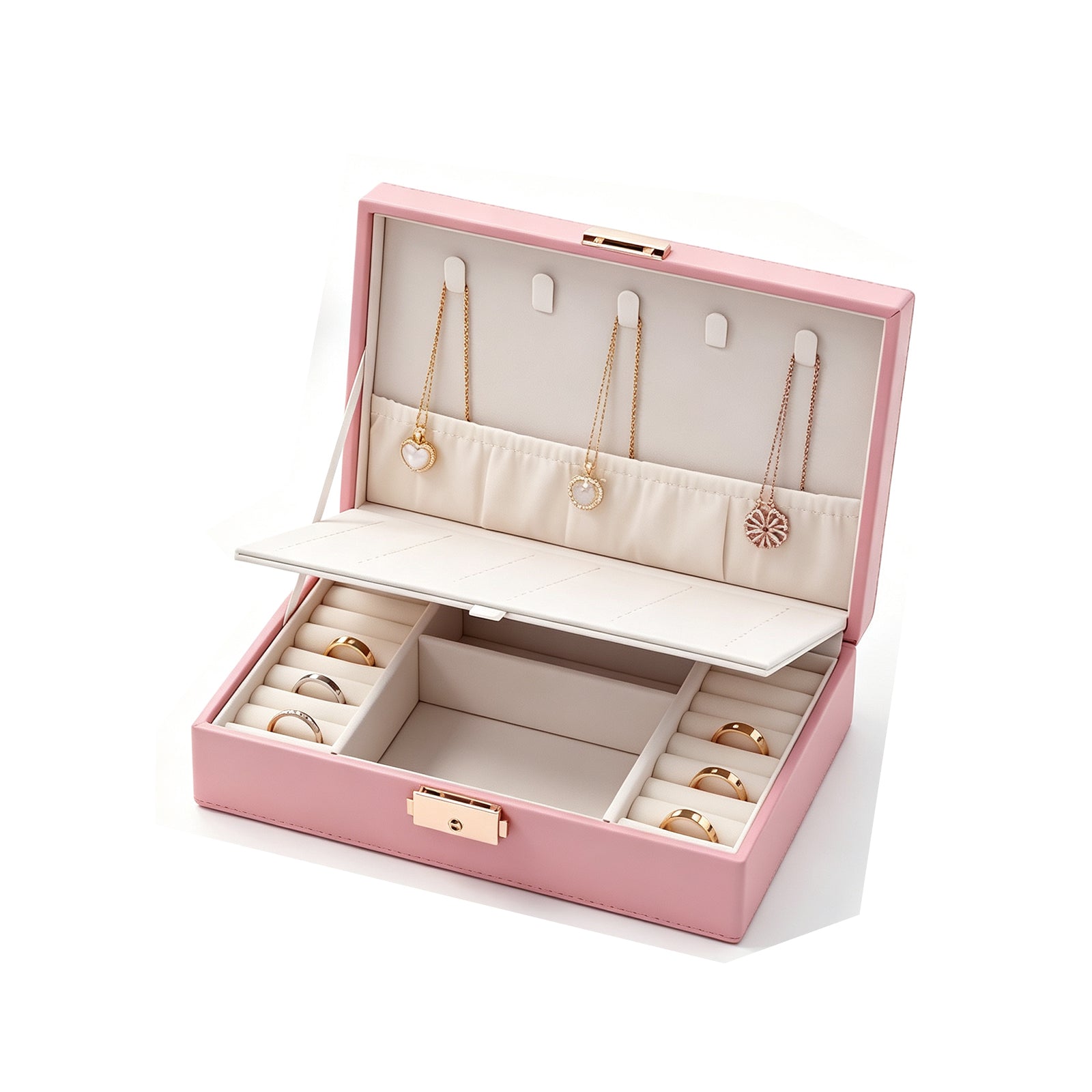 Large Velvet-Lined Jewelry Box Organizer – Vegan Leather Desktop Jewelry Storage Case with Necklace Hooks, Ring Slots & Removable Tray, Rose Gold Clasp (Blush Pink / Lavender)