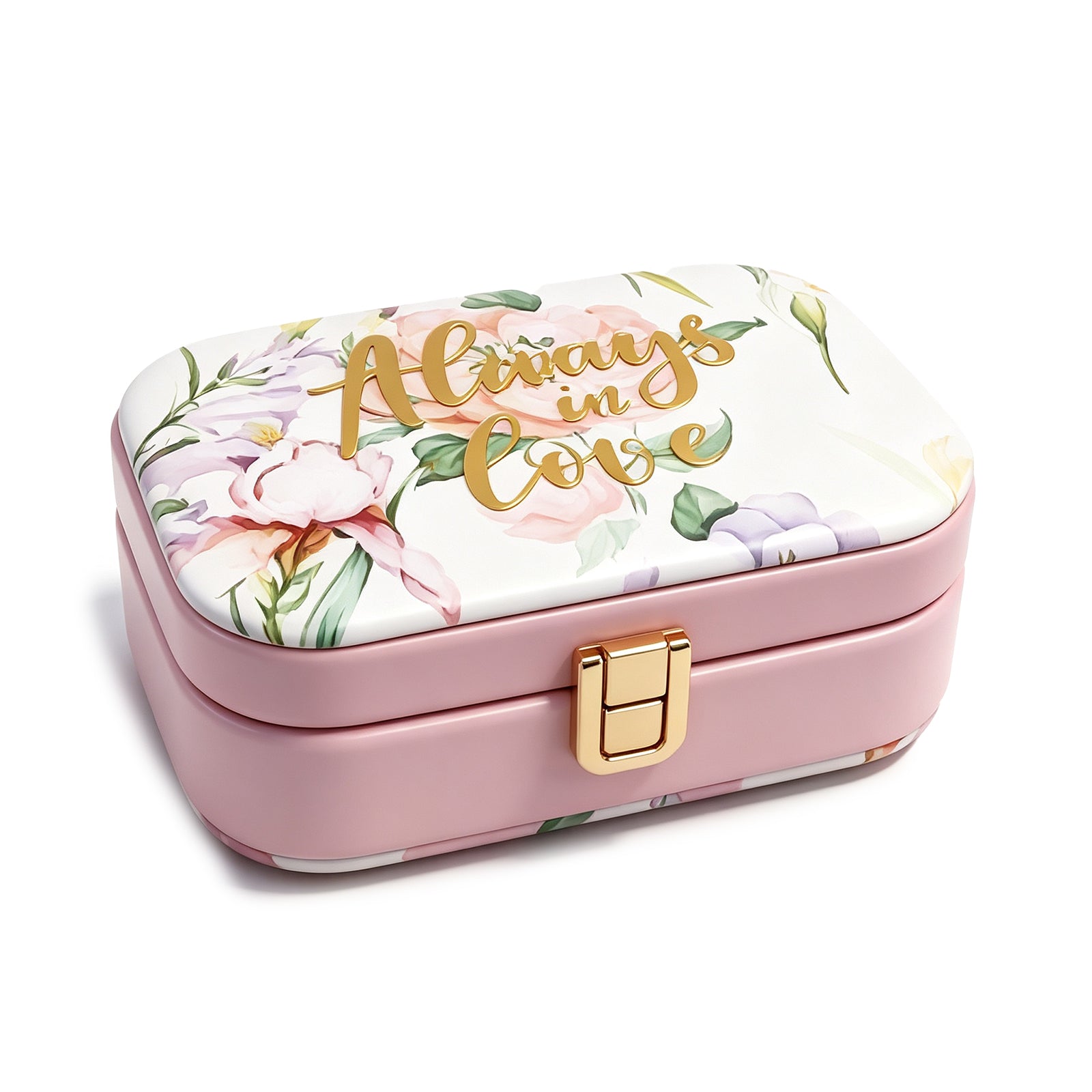 Floral "Always in Love" Jewelry Box – Portable Vegan Leather Travel Jewelry Organizer with Gold Clasp, Floral Print Storage Case for Rings, Earrings & Necklaces, Gift for Her