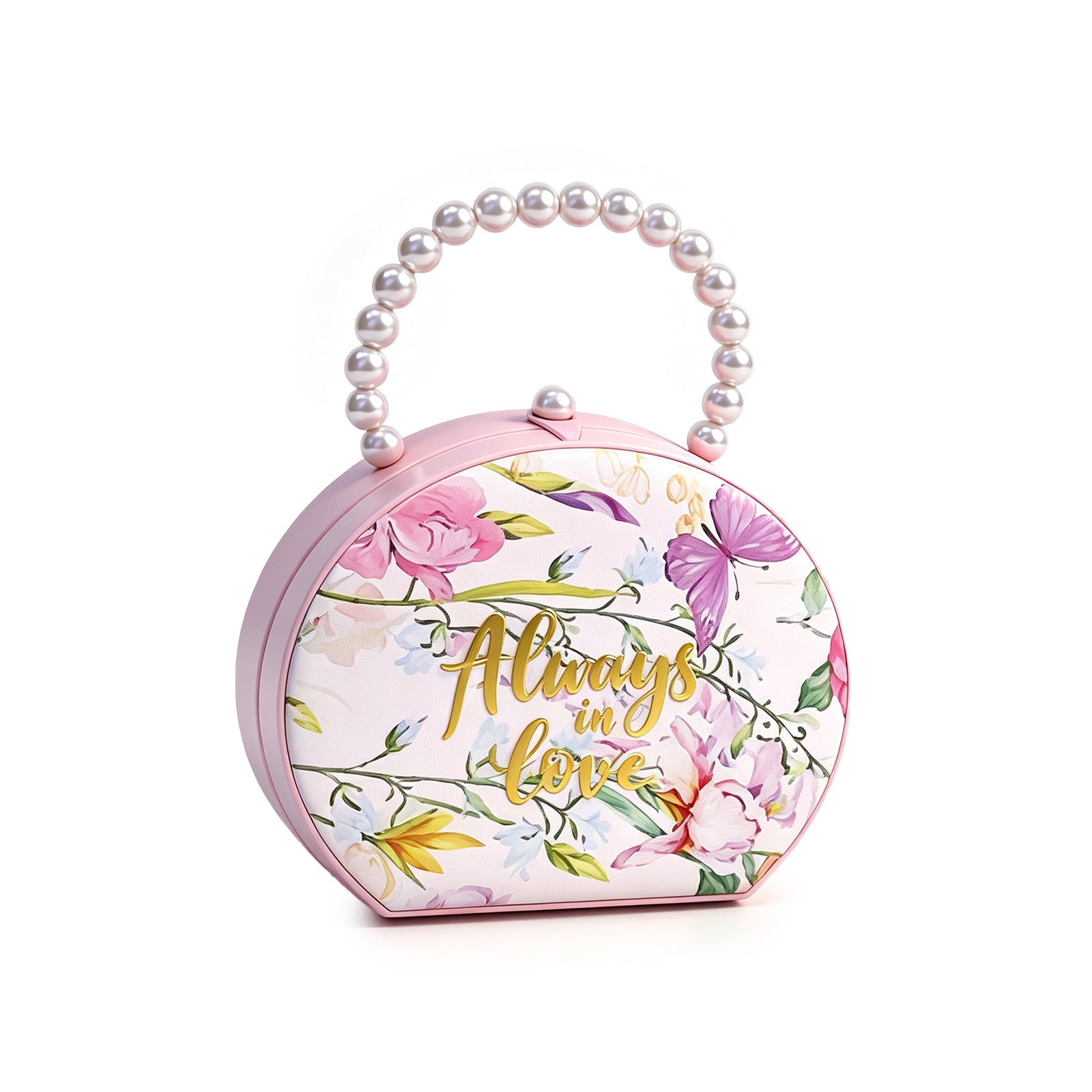 Floral Print Handbag-Shaped Jewelry Box – Portable Vegan Leather Travel Jewelry Organizer with Gold Handle & Clasp, Cute Pink Flower Pattern Storage Case for Rings, Earrings & Necklaces, Gift for Her