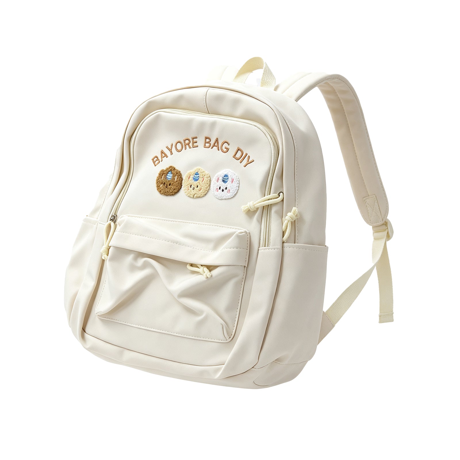 Cream White Kawaii Backpack with 3D Plush Cookie Patches – Cute Aesthetic School Bag for Girls & Teens