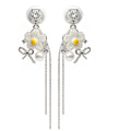 Elegant White Flower & Pearl Tassel Earrings - Sparkling Bowknot Long Drop Dangle Earrings for Women