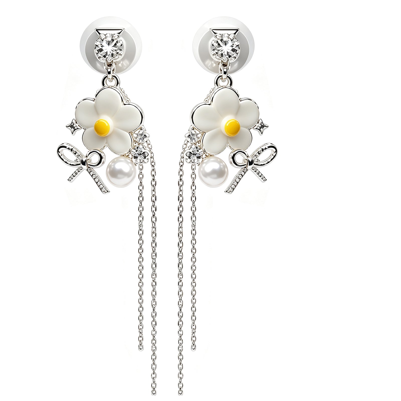 Elegant White Flower & Pearl Tassel Earrings - Sparkling Bowknot Long Drop Dangle Earrings for Women