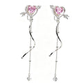 Silver-Tone Pink Heart Crystal Dangle Earrings – Romantic Cupid's Arrow Long Drop Earrings for Women