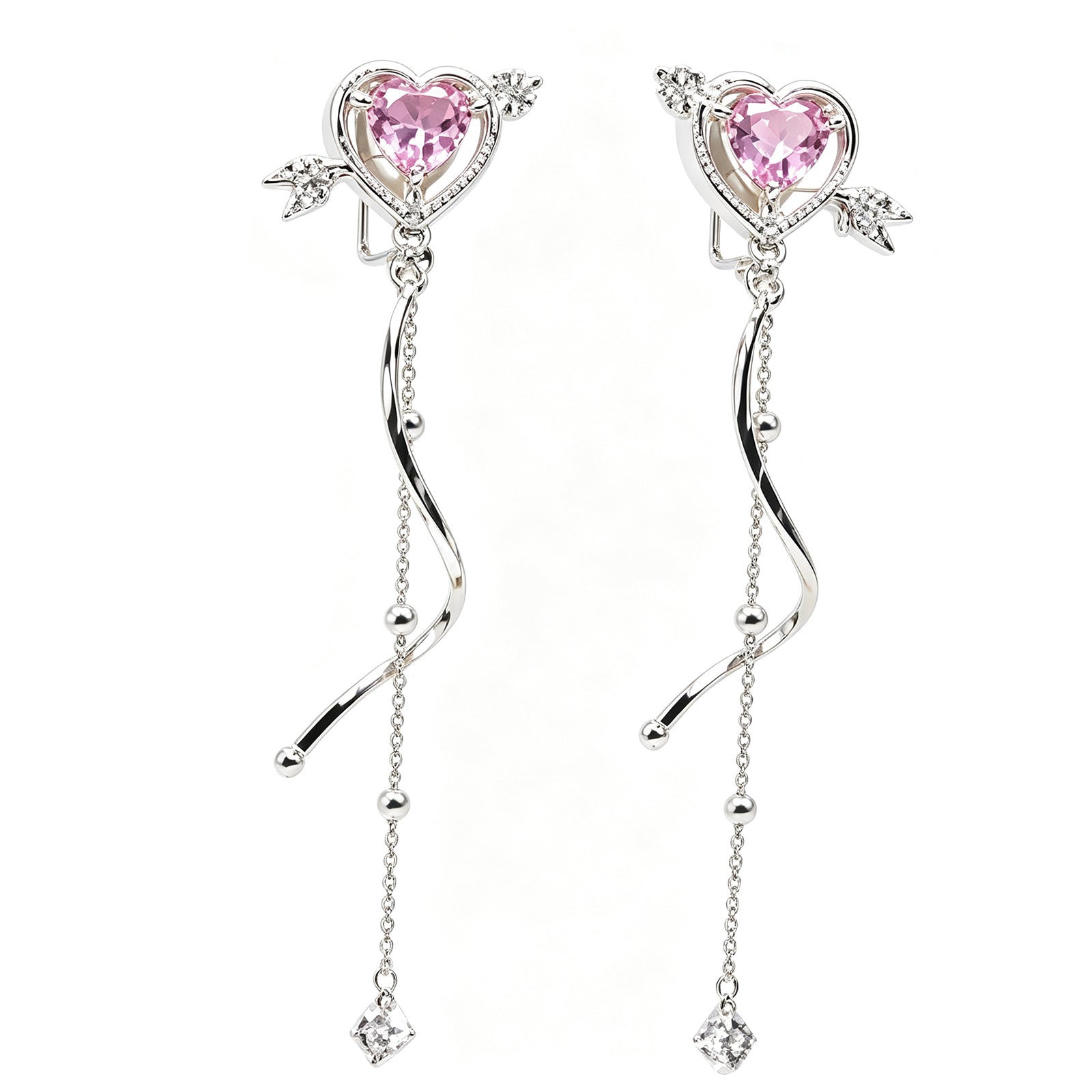 Silver-Tone Pink Heart Crystal Dangle Earrings – Romantic Cupid's Arrow Long Drop Earrings for Women