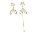 Golden Mermaid Tail & Star Asymmetrical Drop Earrings - Crystal Fish Tail Dangle Earrings with Long Chain Tassel