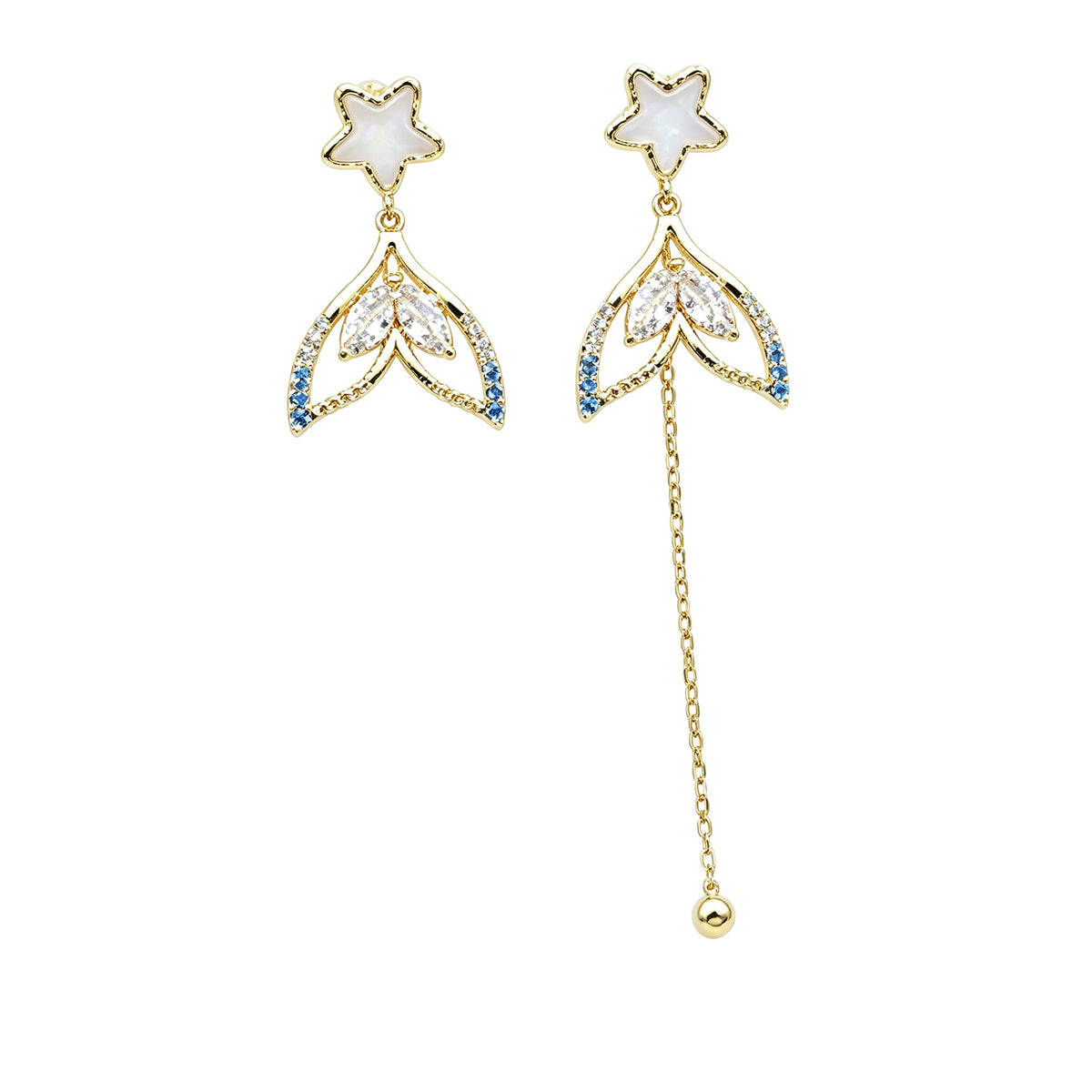 Golden Mermaid Tail & Star Asymmetrical Drop Earrings - Crystal Fish Tail Dangle Earrings with Long Chain Tassel