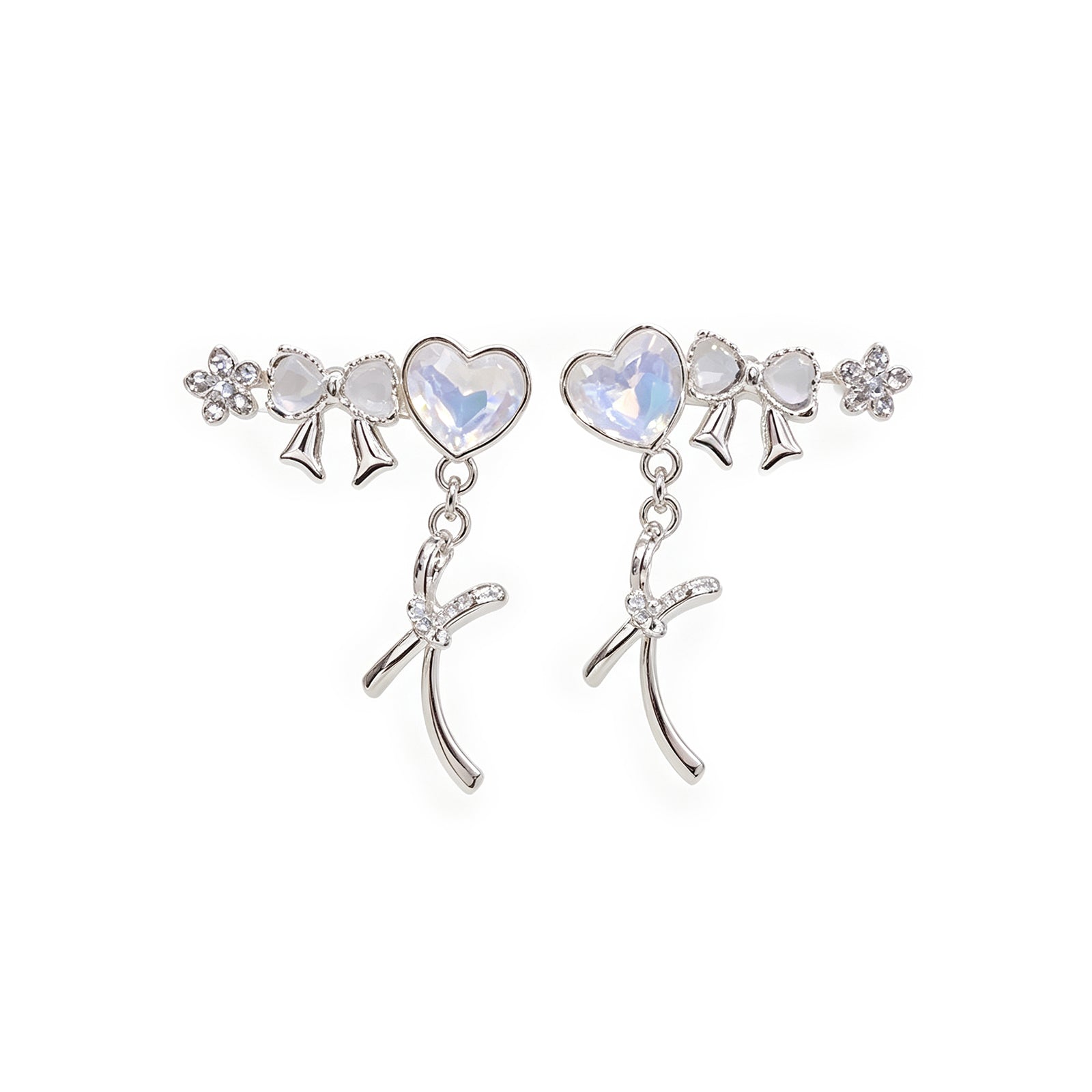 3-Piece White Bow & Heart Stud Earring Set - Iridescent Crystal Clover & Ribbon Dangle Earrings for Women