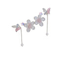 3-Piece Pink Crystal Flower & Butterfly Earring Set - Translucent Stone Studs with Pearl Tassel & Star Charms