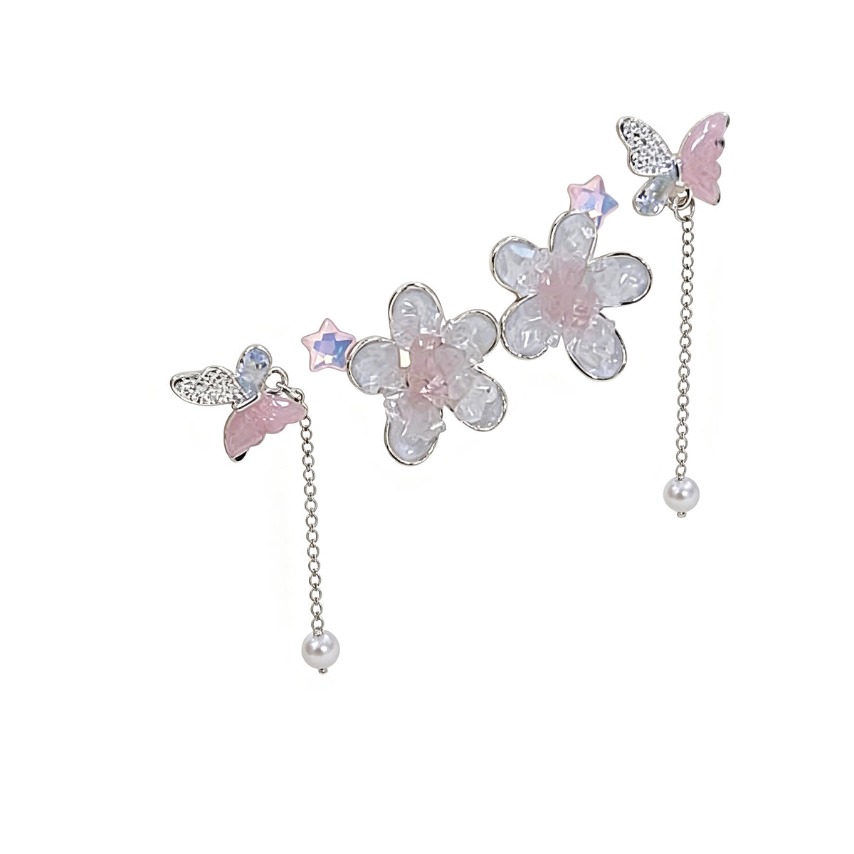 3-Piece Pink Crystal Flower & Butterfly Earring Set - Translucent Stone Studs with Pearl Tassel & Star Charms