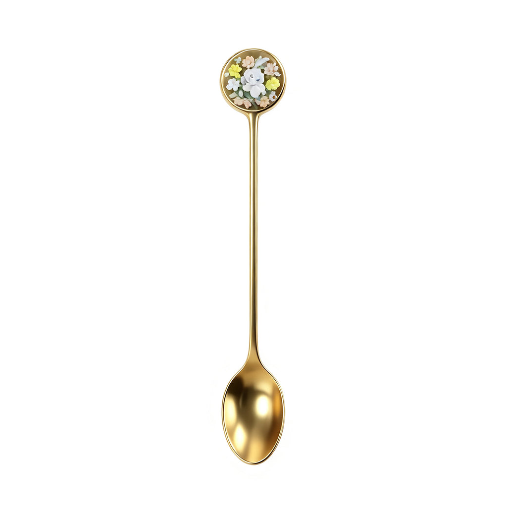 Golden 3D Floral Relief Coffee Spoon - Cute Rabbit & Puppy Garden Design Stainless Steel Tea Spoon for Home Decor