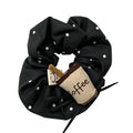 Black Polka Dot Coffee Cup Scrunchie - Satin Hair Tie with 3D Plush Latte Charm & Ribbon for Women