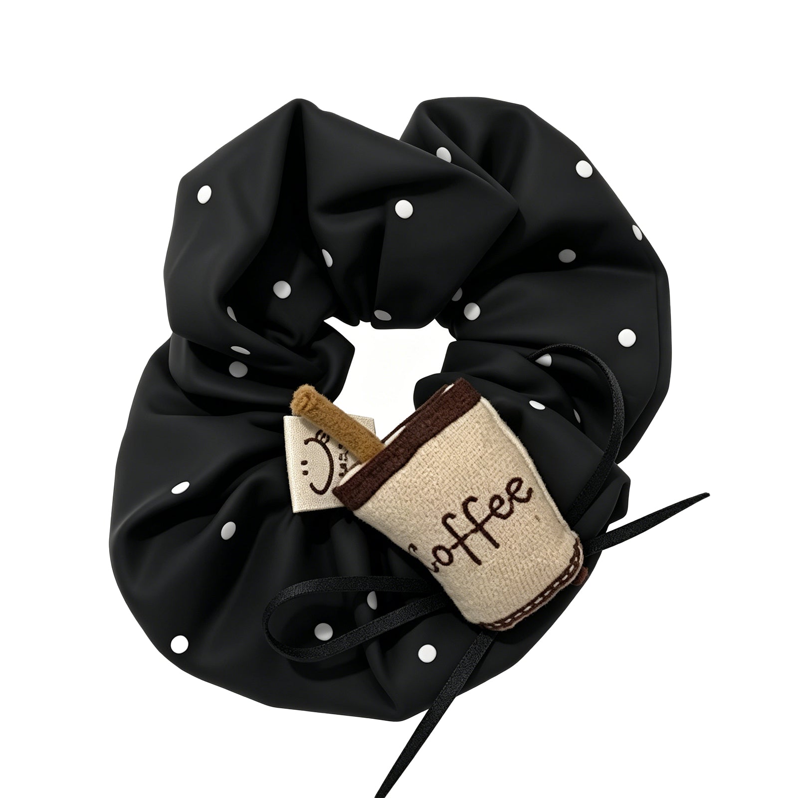 Black Polka Dot Coffee Cup Scrunchie - Satin Hair Tie with 3D Plush Latte Charm & Ribbon for Women