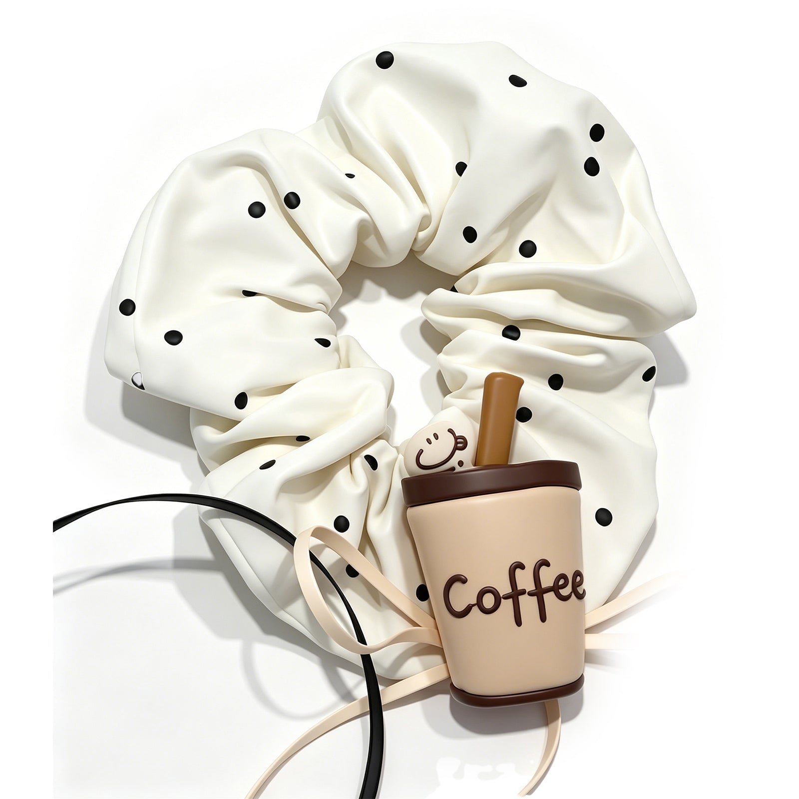 Cream Polka Dot Satin Scrunchie with 3D Coffee Cup Charm - Cute Hair Tie for Women