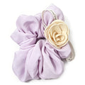 Lavender Satin Scrunchie with 3D Cream Rose & Ribbon Tail - Silk-Look Hair Tie for Women