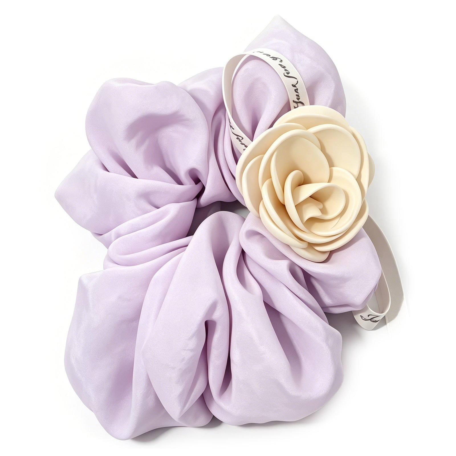 Lavender Satin Scrunchie with 3D Cream Rose & Ribbon Tail - Silk-Look Hair Tie for Women