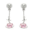 Pink Planet Cat Drop Earrings for Non-Pierced Ears - Silver Tone Kitten Clip-On Dangle Earrings