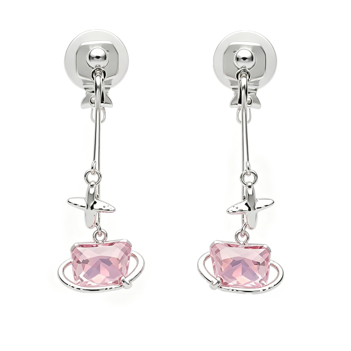 Pink Planet Cat Drop Earrings for Non-Pierced Ears - Silver Tone Kitten Clip-On Dangle Earrings