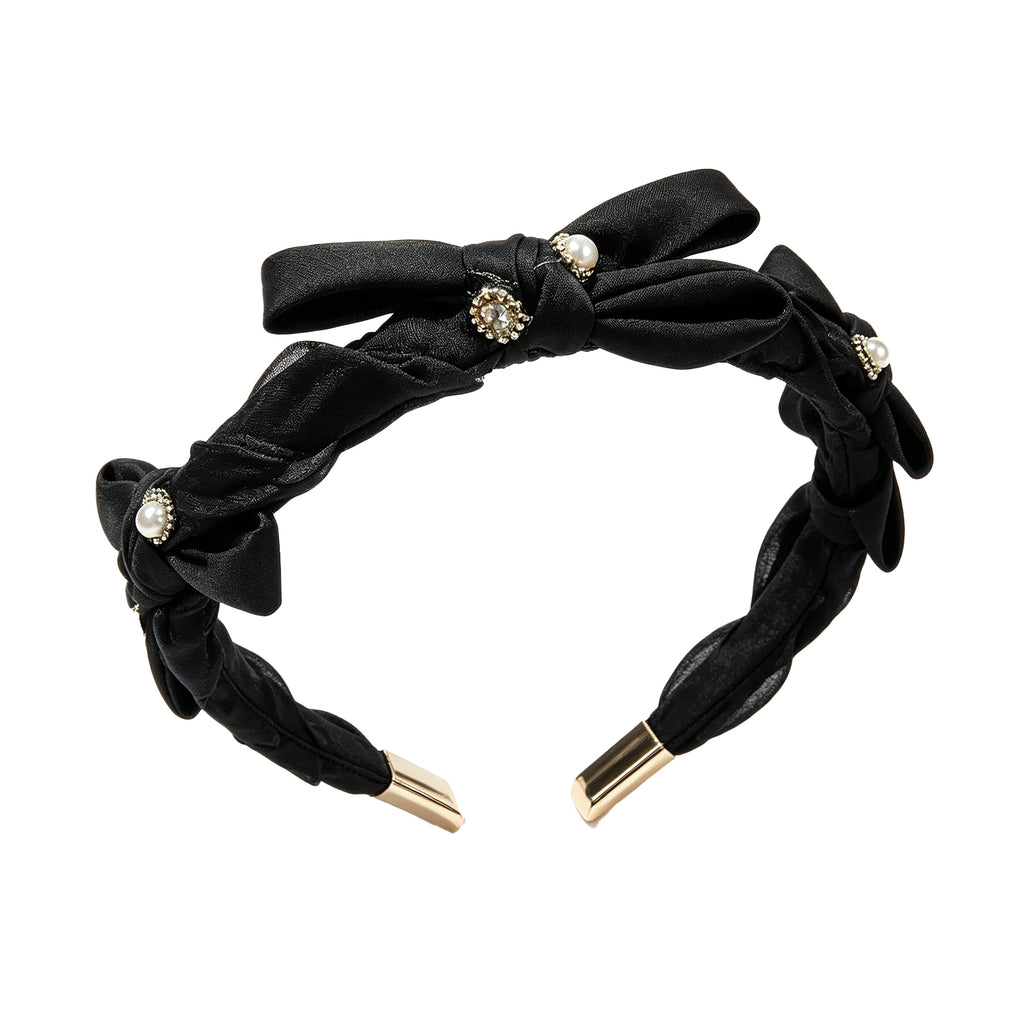 Elegant Black Fabric Bow Headband with Pearls & Rhinestones – Soft Pleated Hair Accessory for Women, Perfect for Daily Wear & Special Occasions