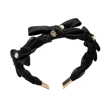 Elegant Black Fabric Bow Headband with Pearls & Rhinestones – Soft Pleated Hair Accessory for Women, Perfect for Daily Wear & Special Occasions