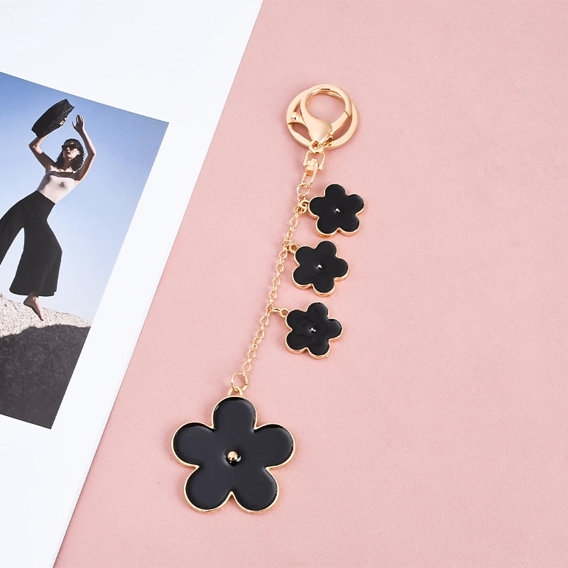 Gradient Size Enamel Flower Keychain | Gold Tone Floral Bag Charm Pendant