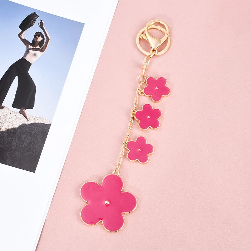 Gradient Size Enamel Flower Keychain | Gold Tone Floral Bag Charm Pendant
