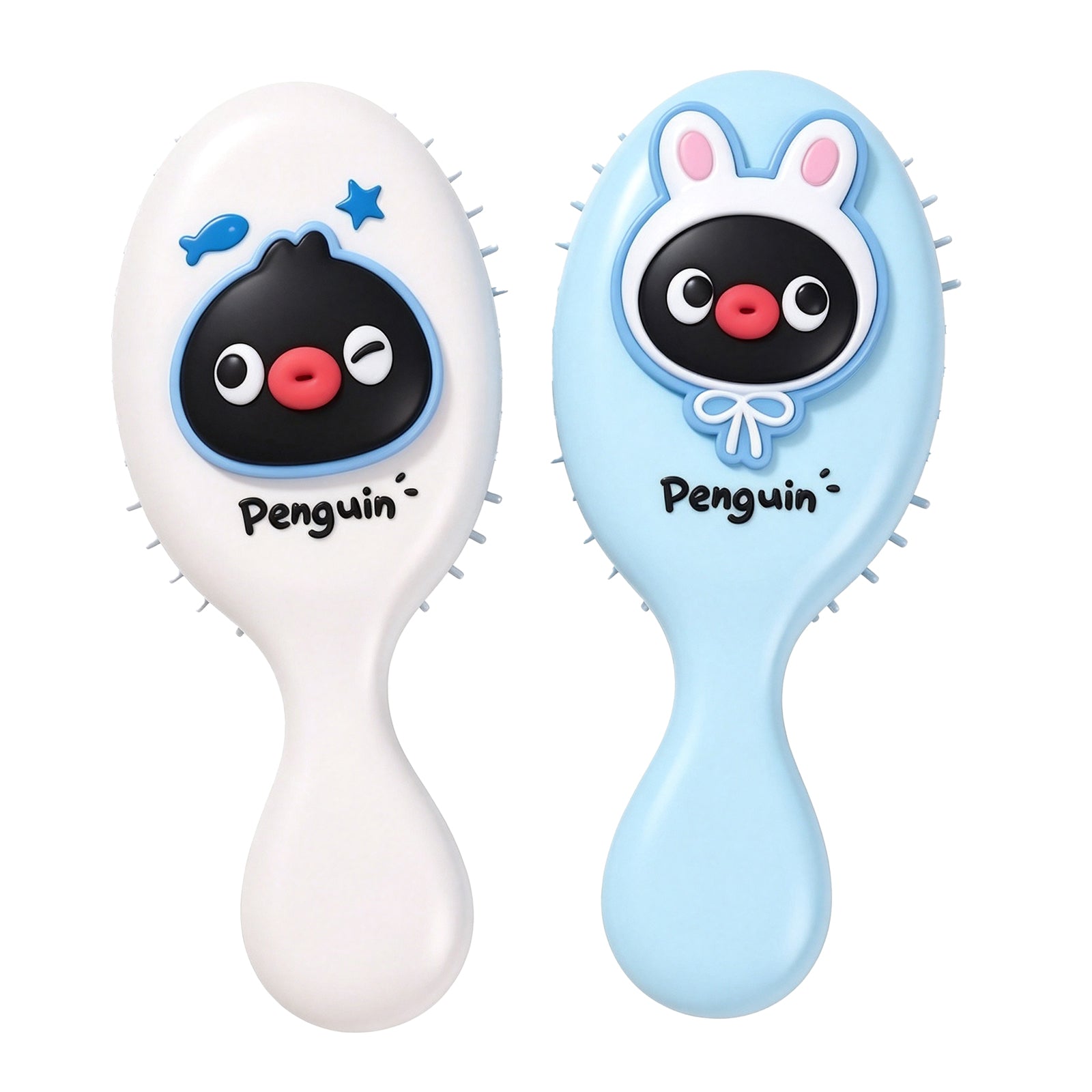 Kawaii Penguin Air Cushion Brush – Cute Mini Detangling Hairbrush with Soft Bristles & Ergonomic Handle for Kids, Girls & Travel (White/Blue)