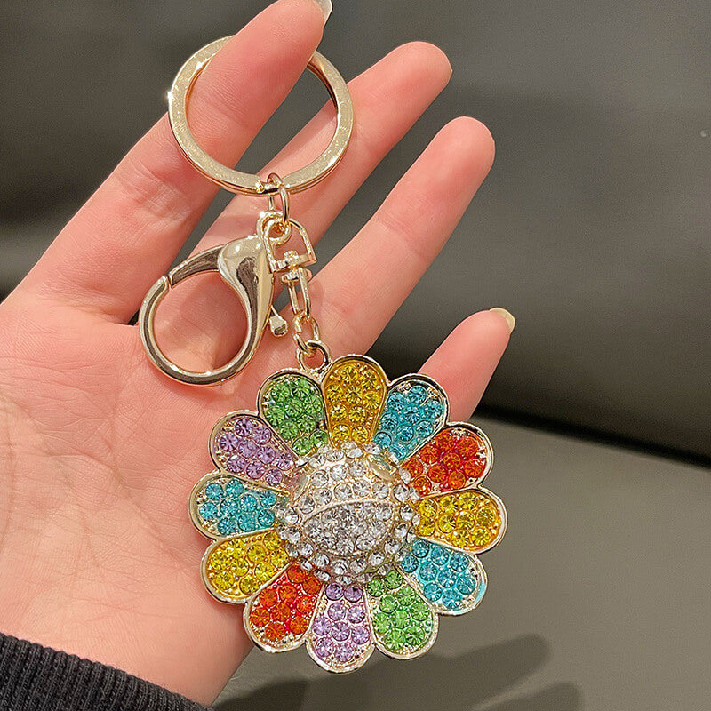 Rhinestone-Encrusted Sunflower Metal Keychain