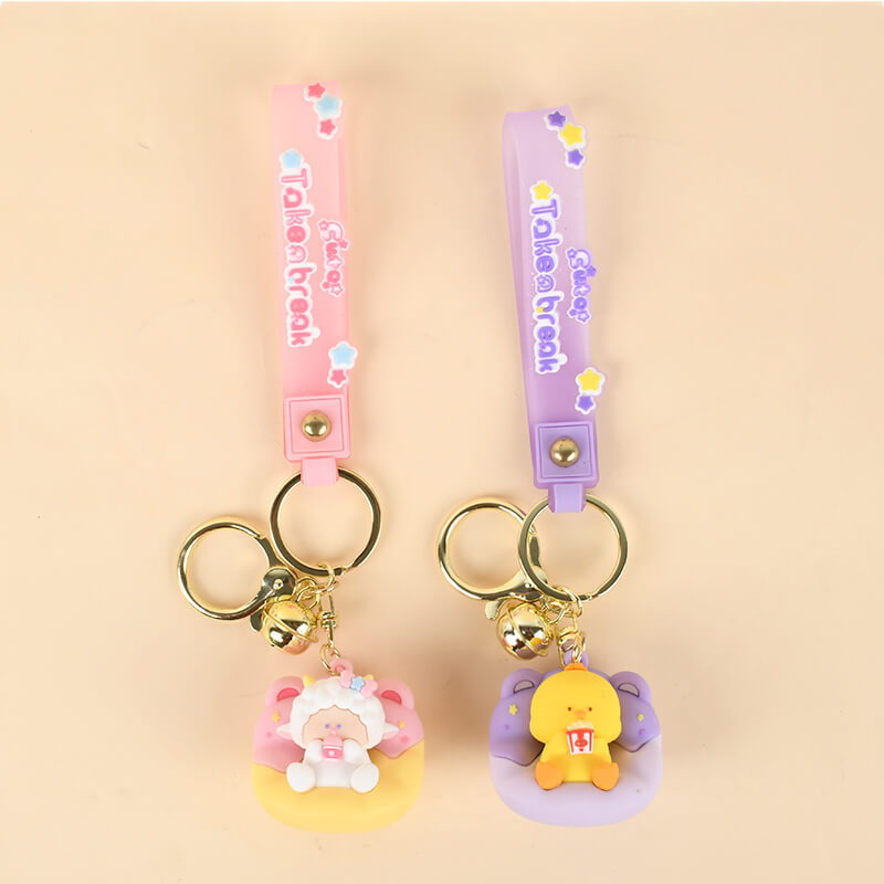 Cute Lazy Sofa Animal Keychain with Bell & Silicone Wrist Strap | Duck Lamb Figure Bag Charm