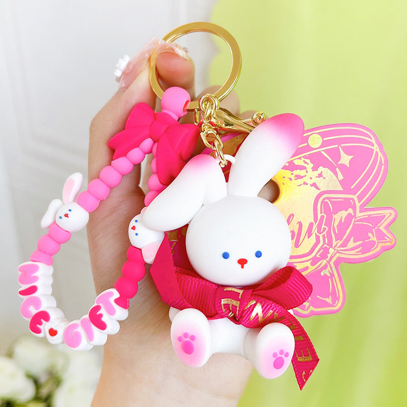 Cute White Bunny Keychain with Hot Pink Bow & Beaded Wrist Strap | Rabbit Bag Charm