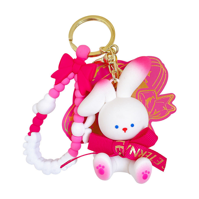 Cute White Bunny Keychain with Hot Pink Bow & Beaded Wrist Strap | Rabbit Bag Charm