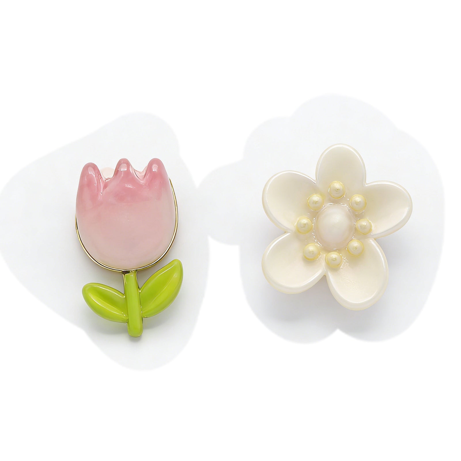 The Spring Bloom Mismatched Earrings – Glossy Pink Tulip & Cream Daisy Pearl Studs, Sweet Coquette Aesthetic Jewelry for Everyday Romance